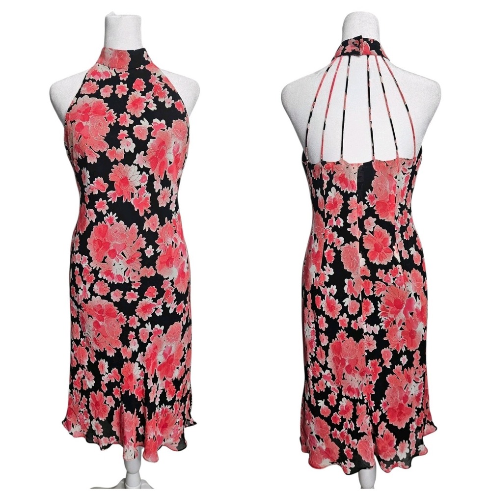 Vtg Y2K Black Pink Floral Halter Dress Sz 8 Cherry Blossom Cage Bias Cut Whimsy